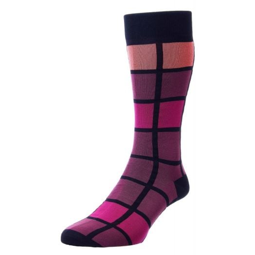 Pantherella Egyptian Cotton Lisle Socks -  Black, Plum Red & Fuchsia Kauai Block (mid-calf)
