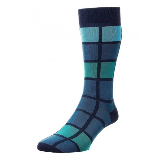 Pantherella Egyptian Cotton Lisle Socks -  Charcoal, Jade & Sea Green Kauai Block (mid-calf)