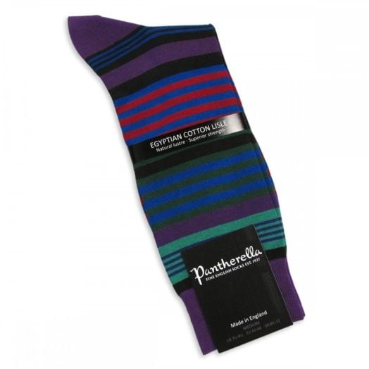 Pantherella Egyptian Cotton Lisle Socks - Crocus with Multi Stripe (mid-calf)