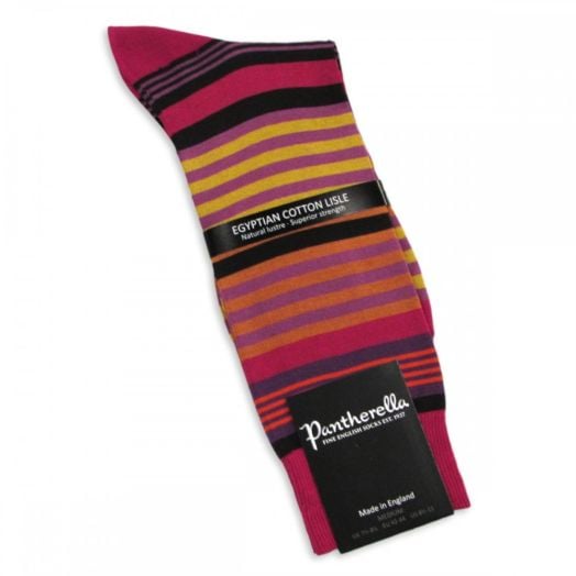 Pantherella Egyptian Cotton Lisle Socks - Fuschia with Multi Stripe (mid-calf)