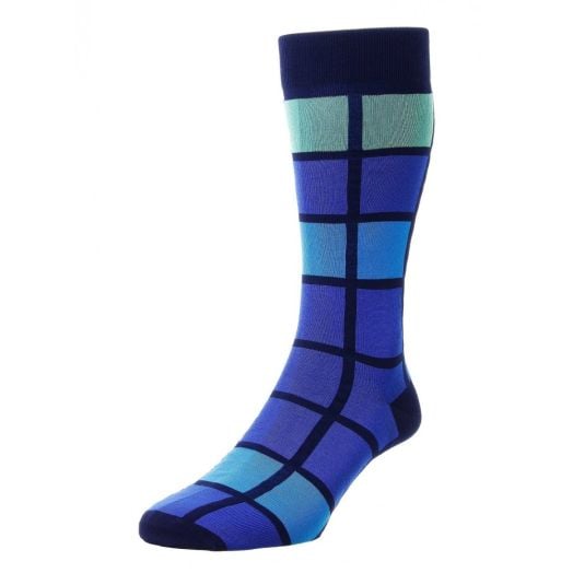 Pantherella Egyptian Cotton Lisle Socks -  Navy,Blue & Green Kauai Block (mid-calf)