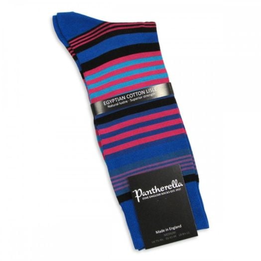 Pantherella Egyptian Cotton Lisle Socks - Saphire with Multi Stripe (mid-calf)