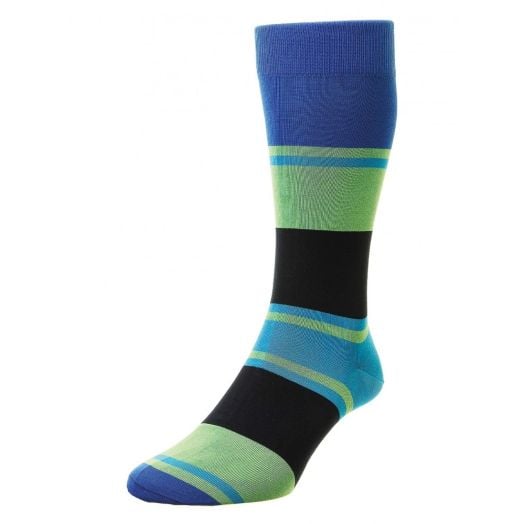Pantherella Egyptian Cotton Lisle Socks -  Sapphire, Lime & Dark Navy Suva Block Stripe (mid-calf)