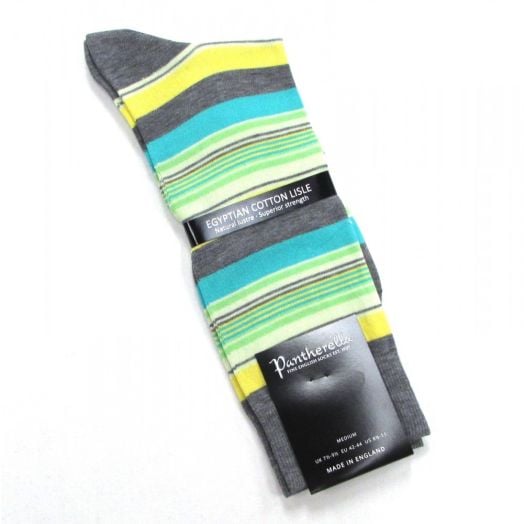 Pantherella Egyptian Cotton Lisle Socks - Yellow Soho Stripe (mid-calf)