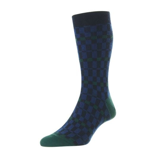 Pantherella Merino Wool Mid-calf Socks - Check - Navy, Green & Blue