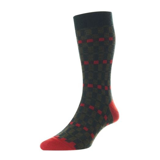 Pantherella Merino Wool Mid-calf Socks - Check - Olive, Navy & Rust