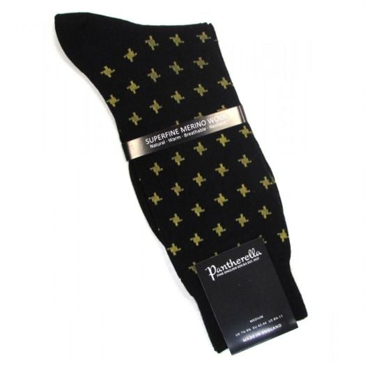 Pantherella Merino Wool Mid-Calf Socks - Floating Houndstooth - Black with Yellow