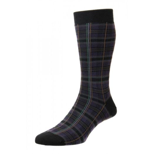 Pantherella Merino Wool Mid-calf Socks - Tartan - Black Purple