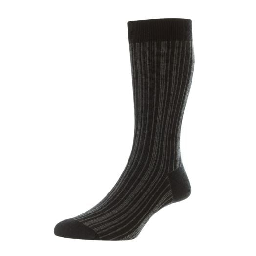 Pantherella Merino Wool Mid-calf Socks - Vertical Stripe - Black & Grey