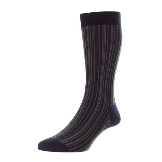 Pantherella Merino Wool Mid-calf Socks - Vertical Stripe - Navy & Moss