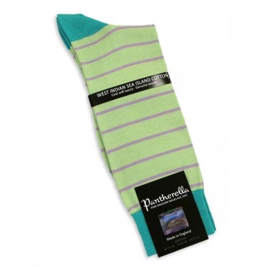 Pantherella Sea Island Cotton Socks - Apple with Aqua & Lilac Stripe (mid-calf)