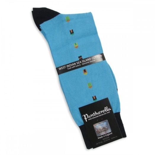 Pantherella Sea Island Cotton Socks - Beach Huts - Blue Aqua (mid-calf)