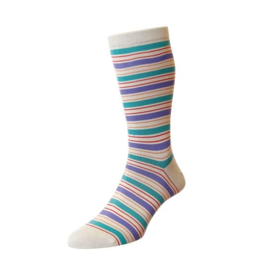 Pantherella Sea Island Cotton Socks - Cream Multi Stripe (mid-calf)