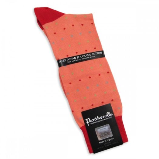 Pantherella Sea Island Cotton Socks - Dots - Coral (mid-calf)