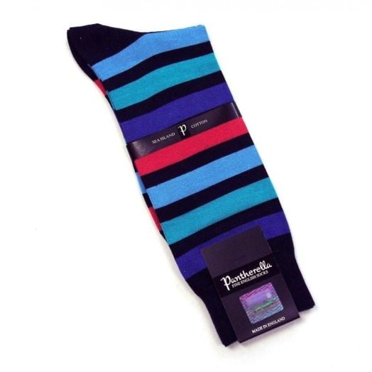 Pantherella Sea Island Cotton Socks - Navy with Multi Stripe (mid-calf)