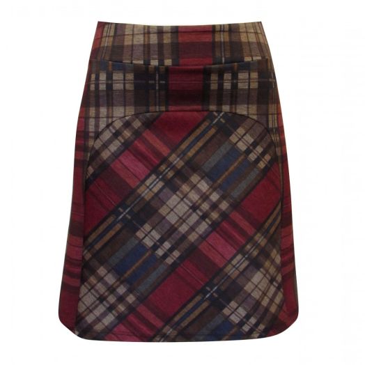 Papillon Blanc Ponte Skirt - Plaid - Burgundy & Tan (9669)