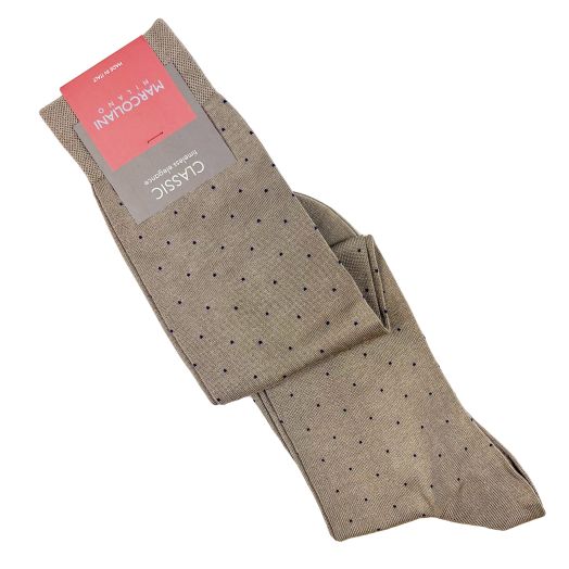 Pima Cotton Lisle over-the-calf Marcoliani Fancy Pin Dot Socks - Khaki with Navy (102172)