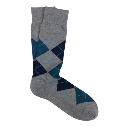 Pima Cotton Mid-calf Marcoliani Argyle Socks - Grey, Teal & Navy (95245)