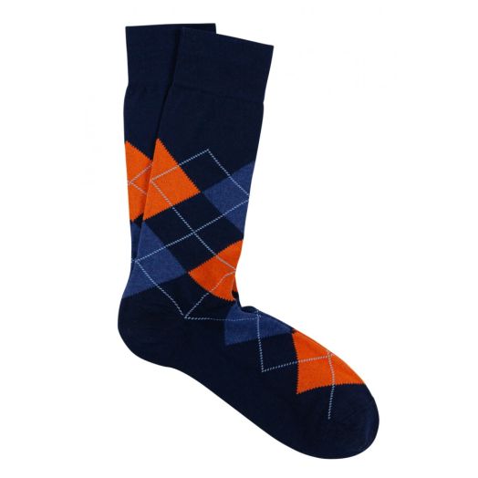 Pima Cotton Mid-calf Marcoliani Argyle Socks - Navy, Denim & Orange (95243)