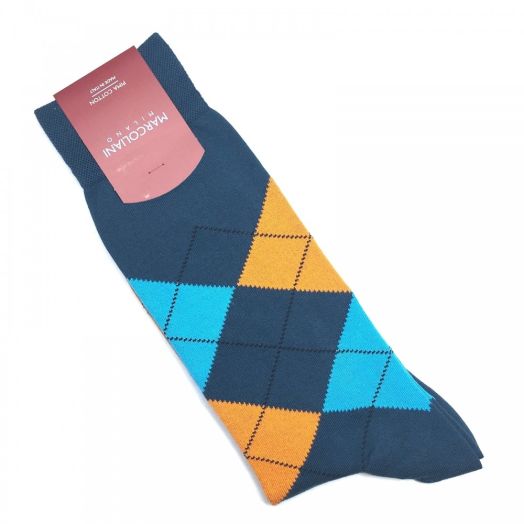 Pima Cotton Mid-calf Marcoliani Argyle Socks - Teal with Aqua & Orange