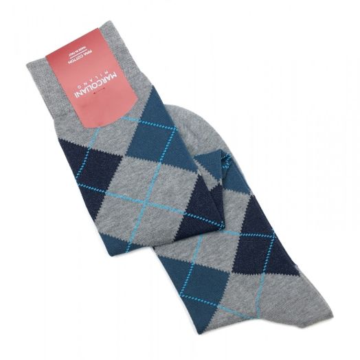 Pima Cotton over-the-calf Marcoliani Argyle Socks - Grey with Teal & Navy