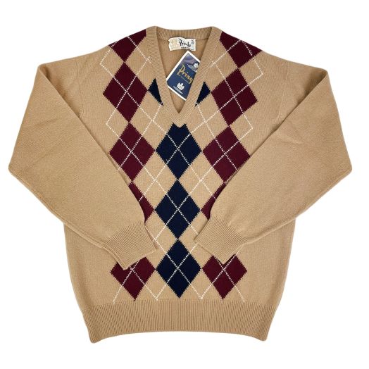Pringle Scottish Lambswool Intarsia V-Neck Sweater - Argyle - Camel, Burgundy, Navy