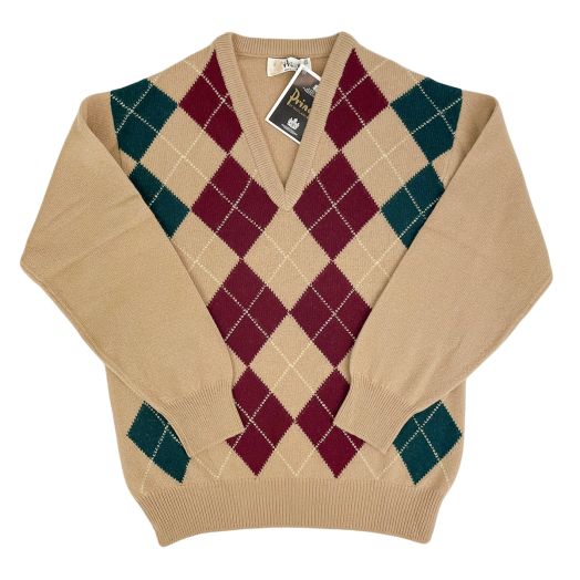 Pringle Scottish Lambswool Intarsia V-Neck Sweater - Argyle - Camel, Burgundy & Tartan Green