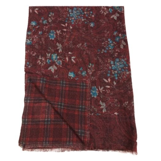 Reversible Wool Scarf - Floral to Plaid- Burgundy (89829)