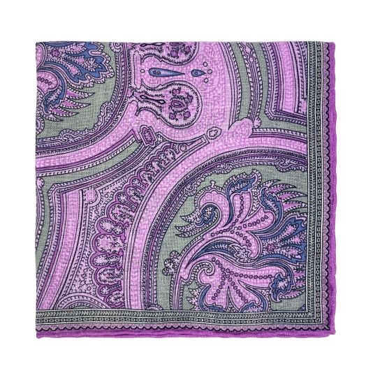 Robert Jensen Linen Pocket Square - Paisley - Purple with Blue (105934)