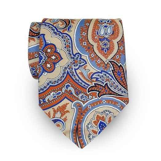 Robert Jensen Silk Crepe Print Necktie - Large Paisley Tan Rust & Navy (117198)
