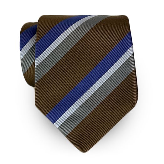 Robert Jensen Silk Necktie - Stripe - Brown with Grey & Blue (117167)