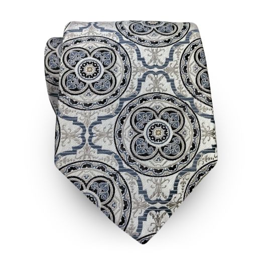 Robert Jenson Woven Silk Necktie - Large Medallions - Silver with Black & Blue (115171)