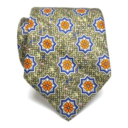 Robert Talbott 3 1/4" 'Estate' Silk Print Tie - Medallions - Olive, Orange & Navy (096057)