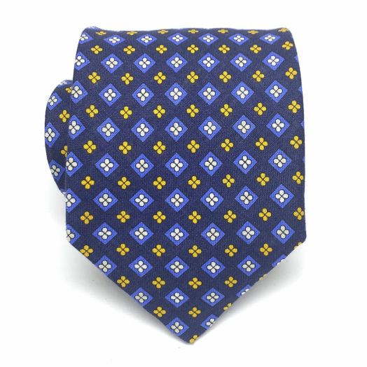 Robert Talbott Linen Print Tie - Neat - Navy with Blue & Gold (72106)