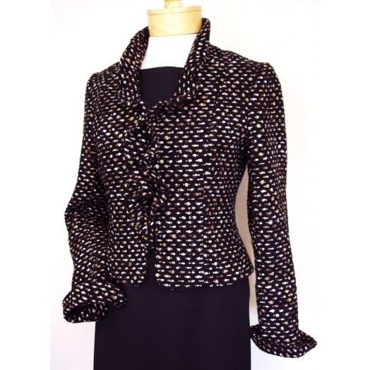 O'Connell's Women's Ruffle Front Evening Jacket - Black, White & Metallic