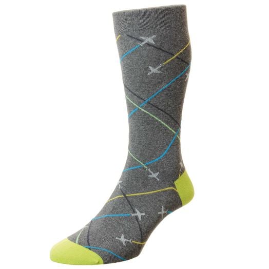 Scott Nichol Cotton Mid-calf Socks - Airplanes - Grey