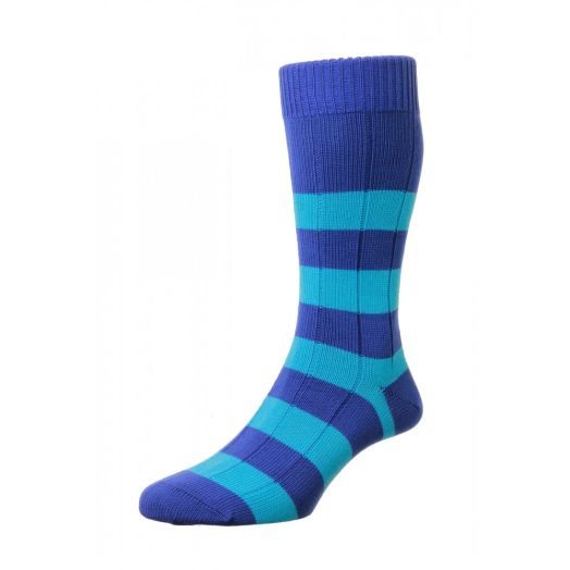 Scott Nichol Cotton Mid-Calf Socks - Rib Stripe - Denim & Turquoise