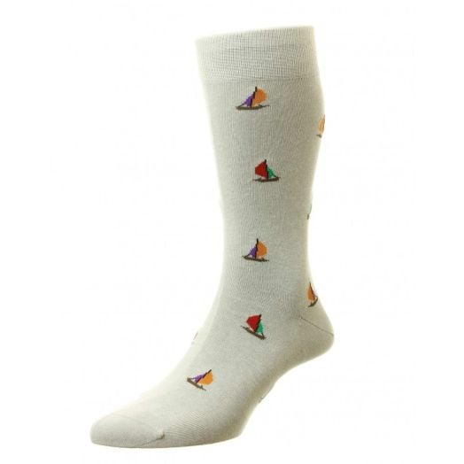 Scott Nichol Cotton Mid-calf Socks - Sailboats - Pearl