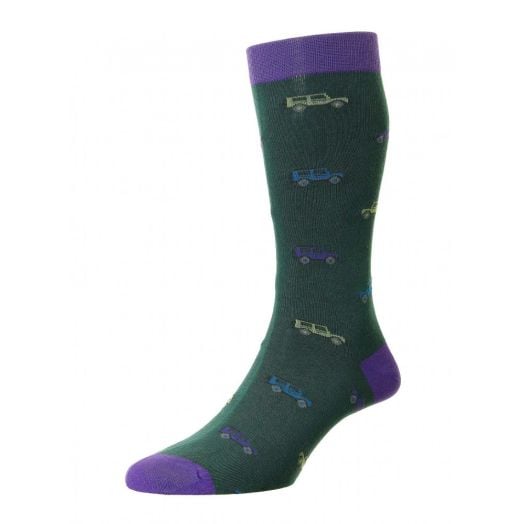 Scott Nichol Cotton Mid-calf Socks - Vintage Land Rover - Green-Purple