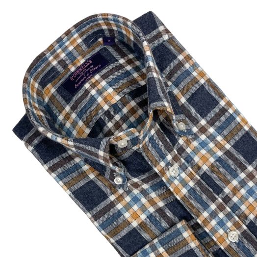 Seaward & Stearn Button Down Long Sleeve Sport Shirt - Brushed Cotton Flannel - Midnight, Blue, Orange & Brown Plaid