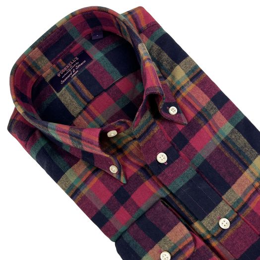 Seaward & Stearn Button Down Long Sleeve Sport Shirt - Brushed Cotton Flannel - Berry, Navy & Teal