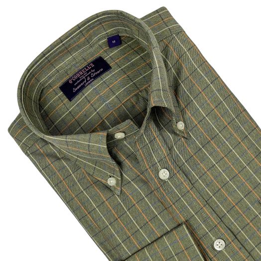 Seaward & Stearn Button Down Long Sleeve Sport Shirt - British Tattersall - Olive & Orange