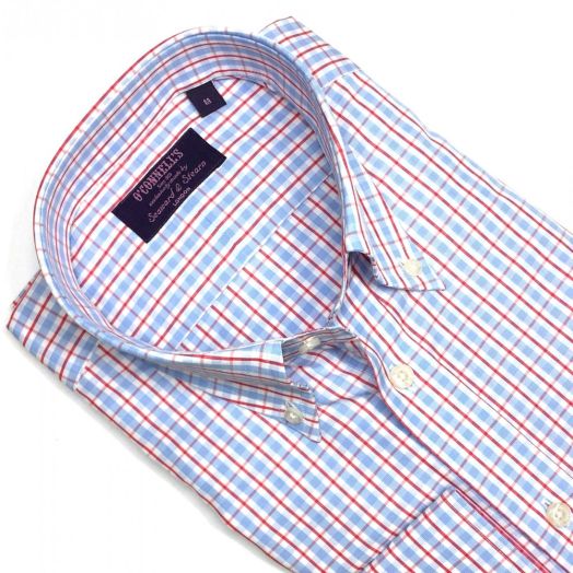 Seaward & Stearn Button Down Long Sleeve Sport Shirt - Sky with Red