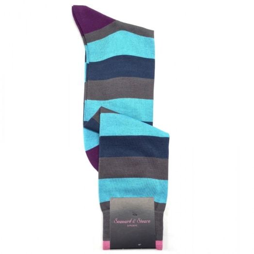 Seaward & Stearn Cotton Socks - Broad Stripe - Blue & Brown (over-the-calf)