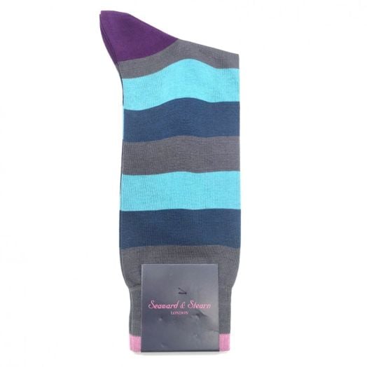 Seaward & Stearn Cotton Socks - Broad Stripe - Blue & Grey-Brown