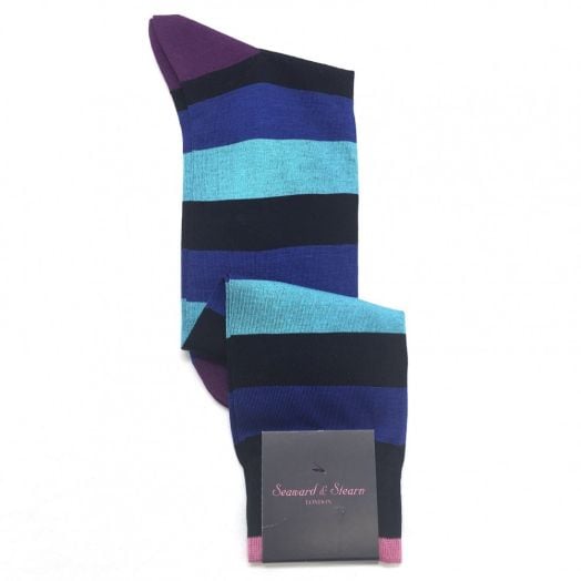 Seaward & Stearn Cotton Socks - Broad Stripe - Blue & Navy (over-the-calf)