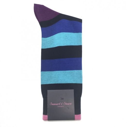 Seaward & Stearn Cotton Socks - Broad Stripe - Blue & Navy