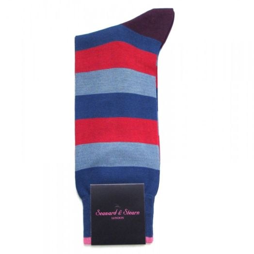 Seaward & Stearn Cotton Socks - Broad Stripe - Blue, Red, Slate