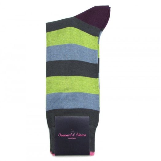 Seaward & Stearn Cotton Socks - Broad Stripe - Lime, Grey, Slate