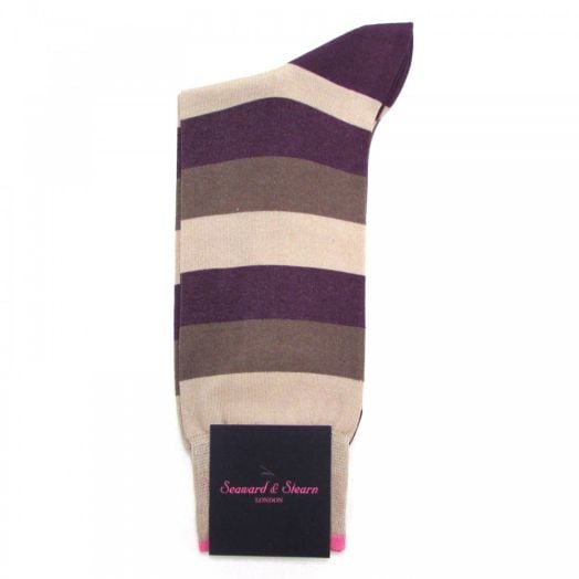 Seaward & Stearn Cotton Socks - Broad Stripe - Tan, Brown, Purple